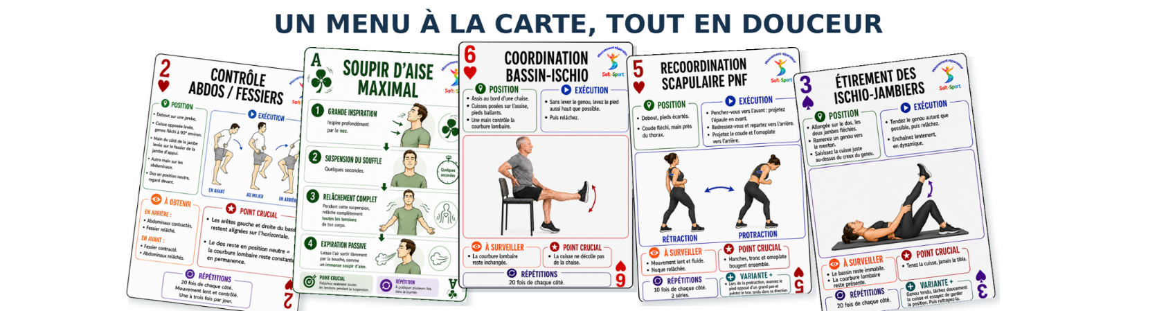 Exemples de cartes d’exercices Soft-Sport à pratiquer chez soi