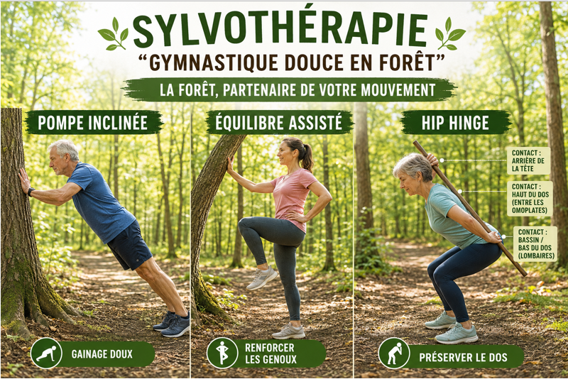 Exercices de gymnastique douce en forêt